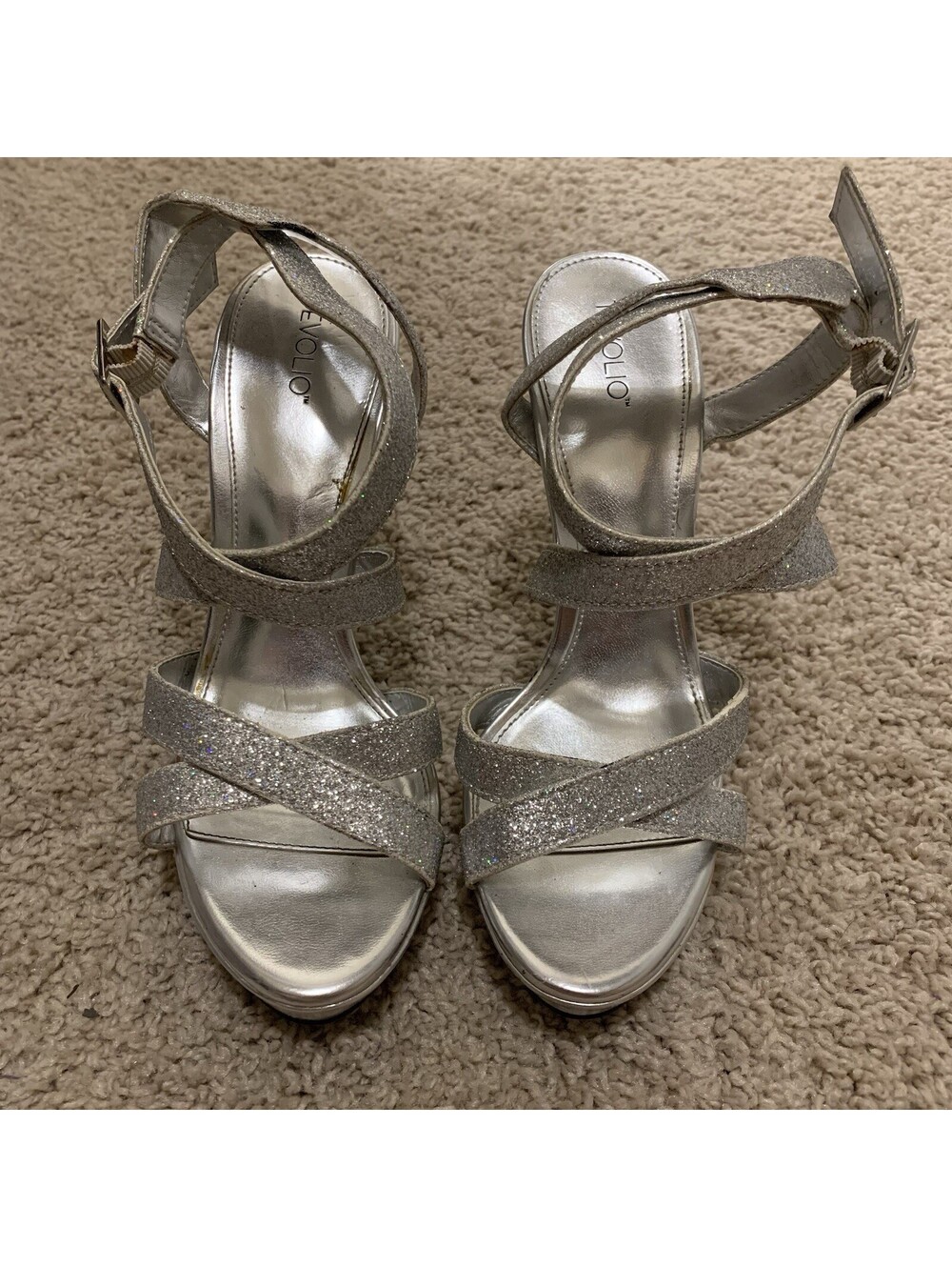 Women’s Tevolio High Heels Silver Sparkle Open Toe Ankle Strap Shoes Size 5.5